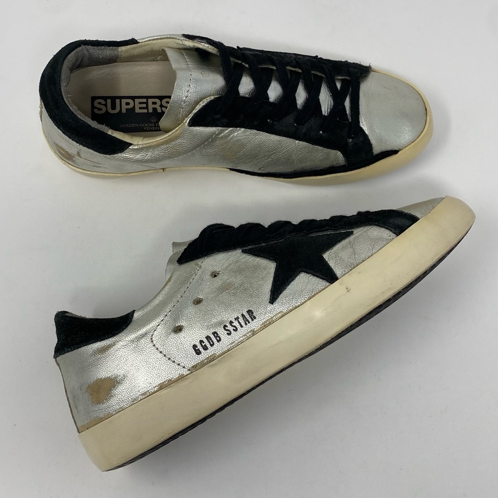 Golden Goose Silver and Black Superstar Sneakers